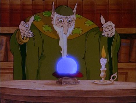 A wizard watching a crystal ball light up