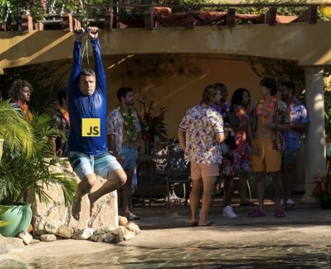 Guy in longsleeve shirt ziplining into a swimming pool